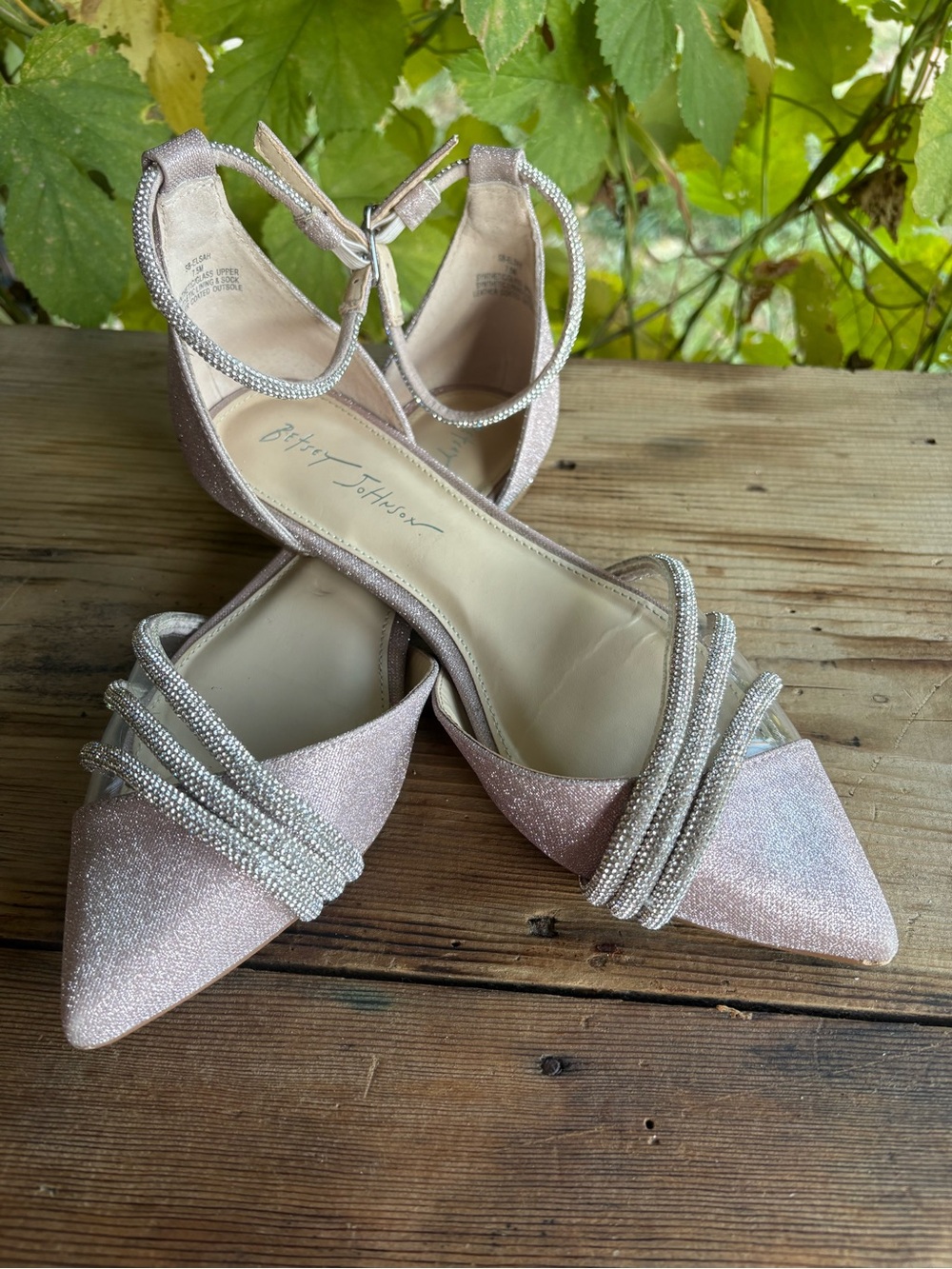 Betsey Johnson Rose Gold Glitter Pointed Toe Ankle-Strap Flats